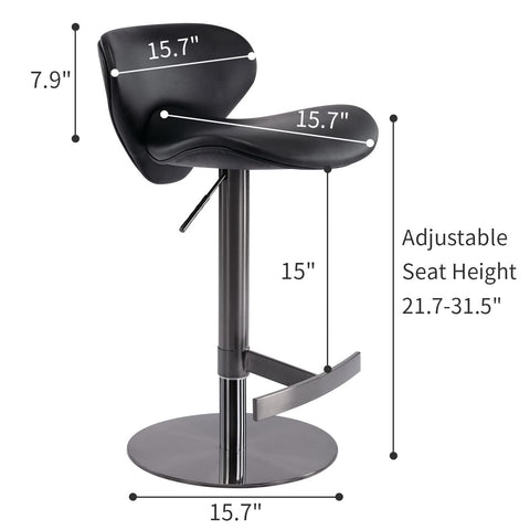 Counter Height Bar Stools 24 to 30 Inch Adjustable Single Swivel Bar Stool Titanium Steel Black Leather Modern Bar Stool with Back