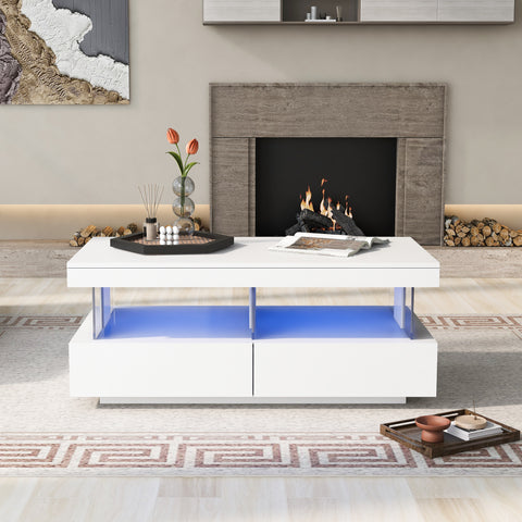 Modern Coffee Table for Living Room 39 Inch 16 Color LED Lights High Gloss Coffee Table with 2 Drawers and Open Storage Space