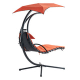 Outdoor Hanging Chaise Lounge Chair Curved Steel Outdoor Hammock Chair with Built-in Pillow and Removable Canopy