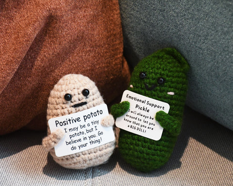 Emotional Support Pickle and Potato Set of 2 Funny Handmade Crochet Plushies with Positive Card Ideal Christmas/Birthday Gifts
