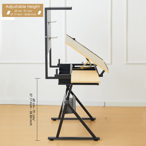 Drafting Table with Metal Peg Board Height Adjustable 0-70° Tilting Tabletop Art Desk for Adults Comes with Chair, Side Tray, and 2 Storage Drawers