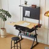 Drafting Table with Metal Peg Board Height Adjustable 0-70° Tilting Tabletop Art Desk for Adults Comes with Chair, Side Tray, and 2 Storage Drawers