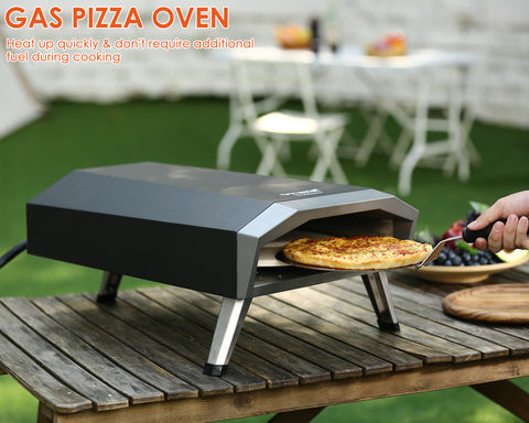 Gas Pizza Oven 13 Inch Outdoor Propane Pizza Oven Includes Adjustable Heat Control Dial, Foldable Feet, Rotating Pizza Stone, 3.9 Ft Gas Hose and Regulator
