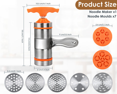Noodle Maker, Stainless Steel Manual Noodles Press Machine Pasta Maker with 7 Noodle Mould
