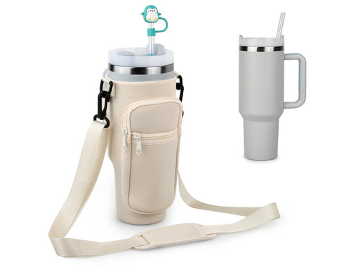 Water Bottle Carrier Bag Compatible with Stanley Cup 30/40 oz Holder with Phone Pocket, Adjustable Strap and Carabiner