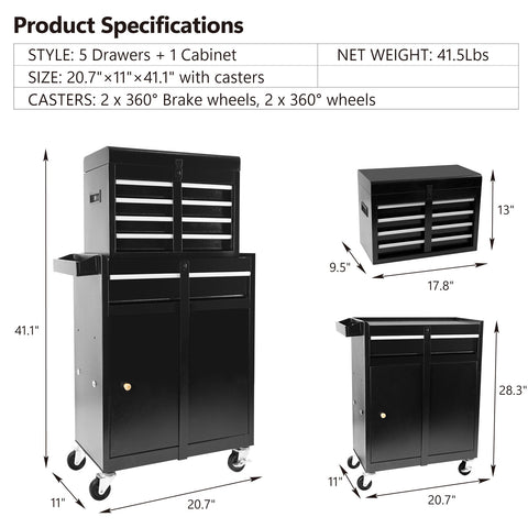 Rolling Tool Chest Tool Cabinets on Wheels for Garage 5-Drawer Tool Chest with Detachable Top, Large Storage Cabinet and Adjustable Shelf